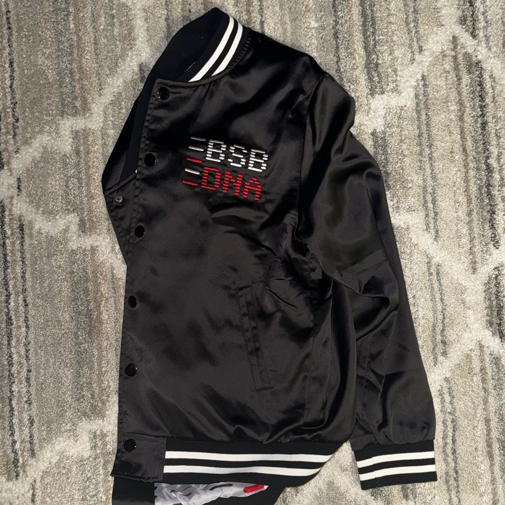 Black Satin Varsity Jacket with Embroidered Logo